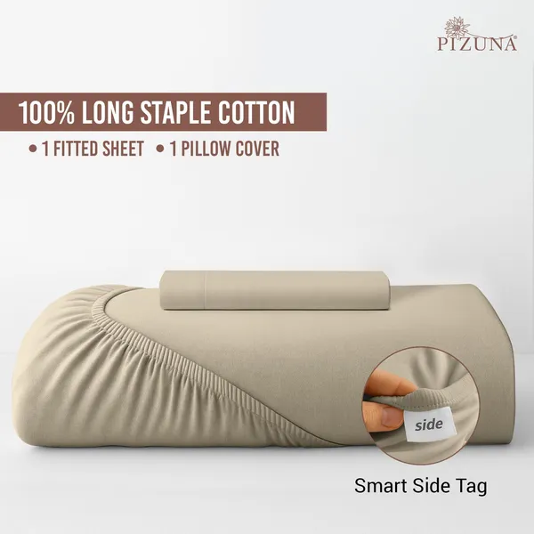 Pizuna_100%_Long_Staple_Cotton_Solid_Beige_Single_Fitted_Bedsheet_Set