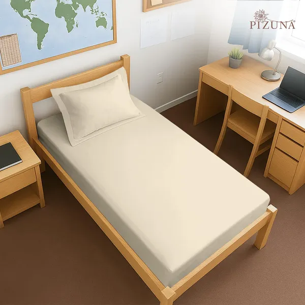 Pizuna_100%_Long_Staple_Cotton_Solid_Beige_Single_Fitted_Bedsheet_Set