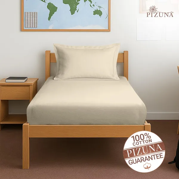 Pizuna_100%_Long_Staple_Cotton_Solid_Beige_Single_Fitted_Bedsheet_Set