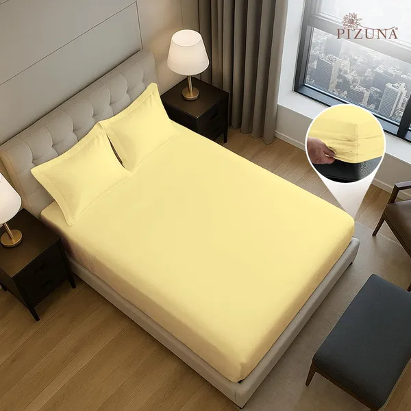 Pizuna_Cotton_Solid_Mellow_Yellow_King_Fitted_Bedsheet_Set