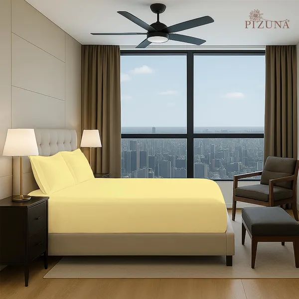 Pizuna_Cotton_Solid_Mellow_Yellow_King_Fitted_Bedsheet_Set