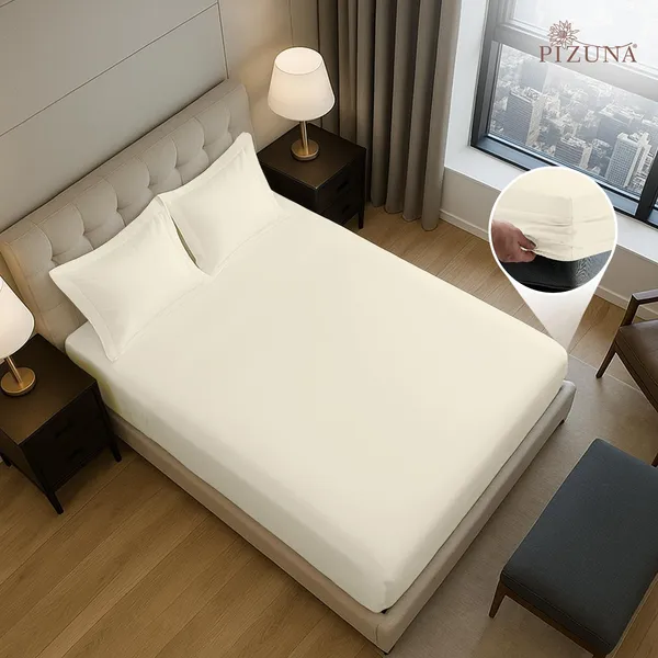 Pizuna_Cotton_Solid_New_Ivory_Queen_Fitted_Bedsheet_Set_With_2_Pillow_Covers