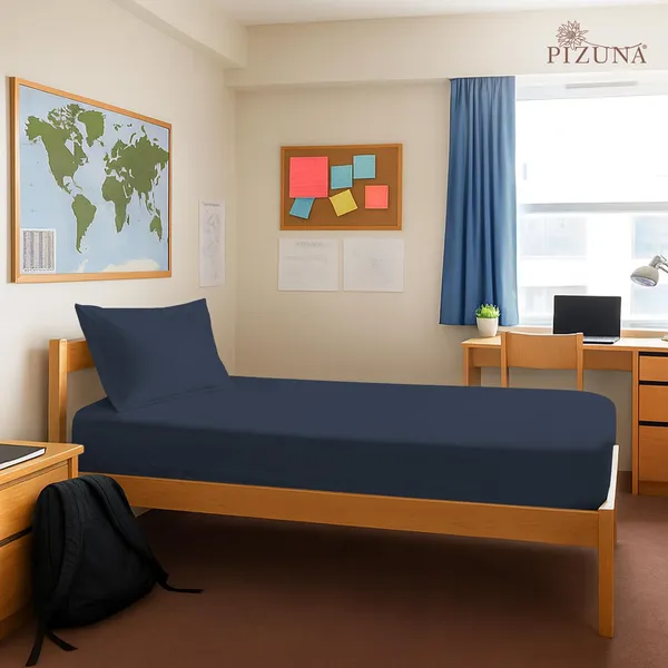 Pizuna_Cotton_Solid_Dark_Blue_Single_Fitted_Bedsheet_With_Pillow_Cover
