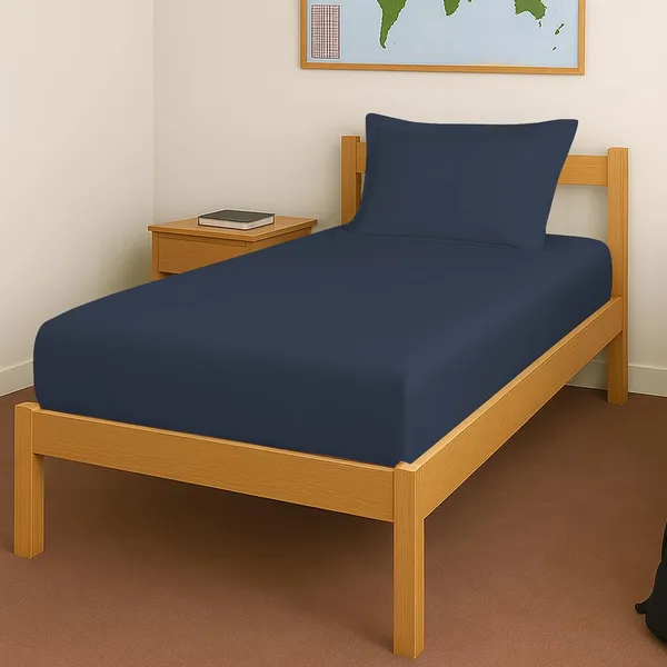 Pizuna_Cotton_Solid_Dark_Blue_Single_Fitted_Bedsheet_With_Pillow_Cover