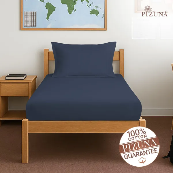 Pizuna_Cotton_Solid_Dark_Blue_Single_Fitted_Bedsheet_With_Pillow_Cover