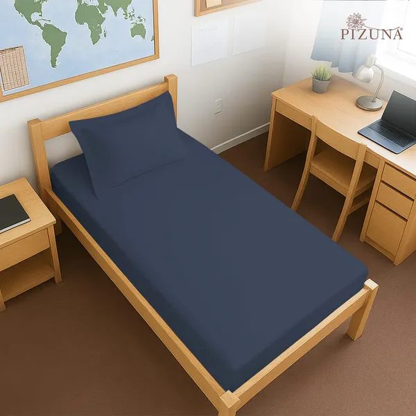 Pizuna_Cotton_Solid_Dark_Blue_Single_Fitted_Bedsheet_With_Pillow_Cover