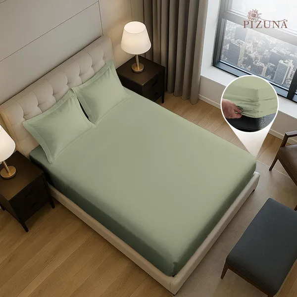 Pizuna_Cotton_Solid_Light_Sage_Queen_Fitted_Bedsheet_Set