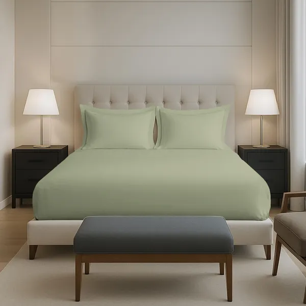 Pizuna_Cotton_Solid_Light_Sage_Queen_Fitted_Bedsheet_Set