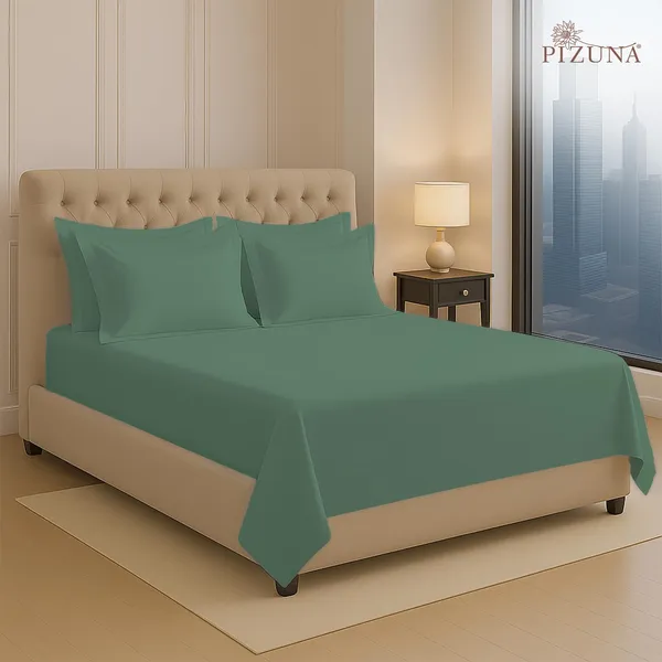 Cotton_Solid_Hedge_Green_Super_King_Flat_Bedsheet_With_Pillow_Covers