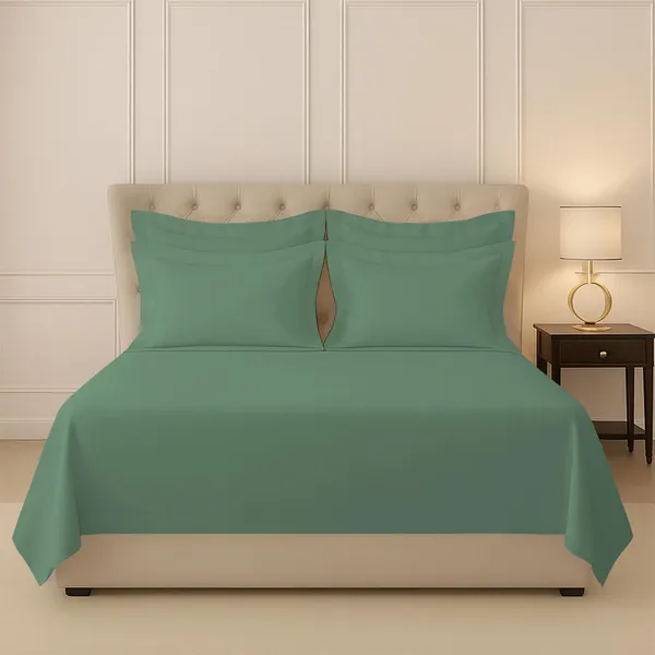 Cotton_Solid_Hedge_Green_Super_King_Flat_Bedsheet_With_Pillow_Covers