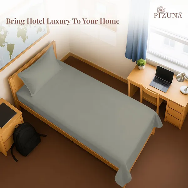 Pizuna_Cotton_Solid_Silver_Single_Flat_Bedsheet_With_Pillow_Cover