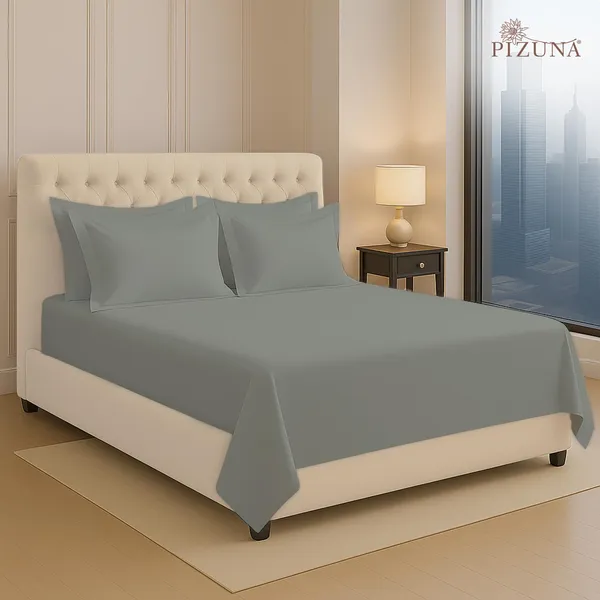 Pizuna_100%_Long_Staple_Cotton_Solid_Silver_Super_King_Flat_Bedsheet