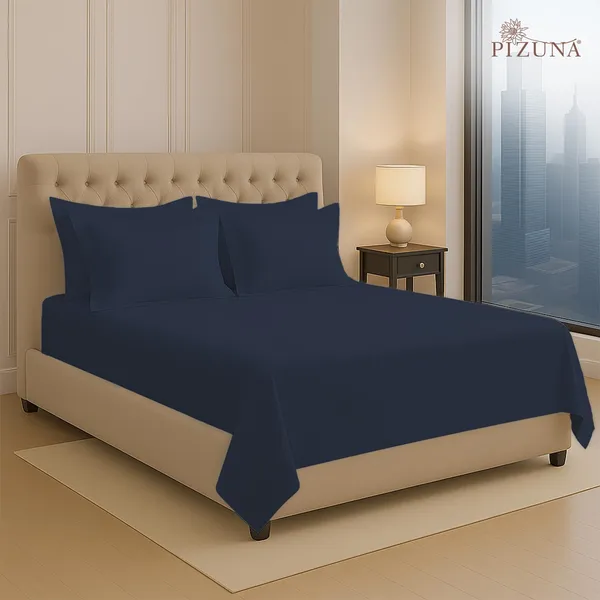 Pizuna_100%_Long_Staple_Cotton_Solid_Dark_Blue_Super_King_Flat_Bedsheet