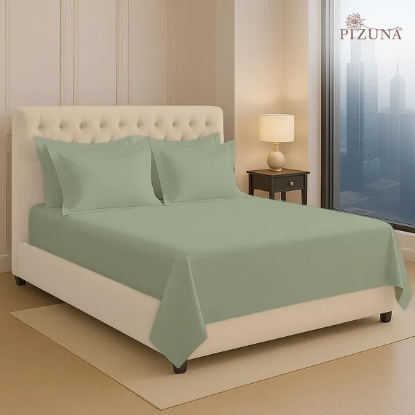 Cotton_Solid_Light_Sage_Super_King_Flat_Bedsheet_With_Pillow_Covers