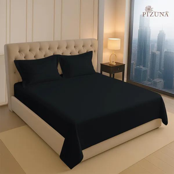 Pizuna_100%_Cotton_Solid_Black_King_Flat_Bedsheet