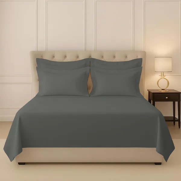 Cotton_Solid_Dark_Grey_Super_King_Flat_Bedsheet_With_Pillow_Covers
