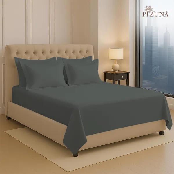 Cotton_Solid_Dark_Grey_Super_King_Flat_Bedsheet_With_Pillow_Covers