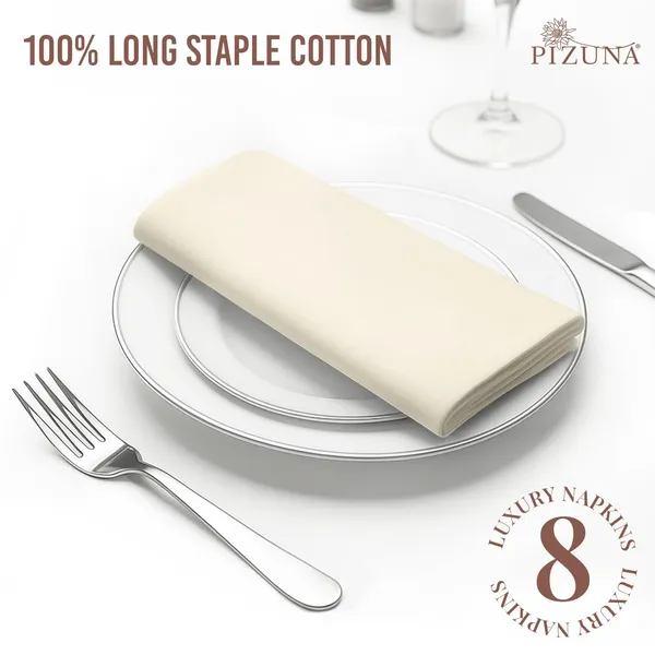 Pizuna_100%_Long_Staple_Cotton_Solid_Ivory_Dinner_Napkin_Set_Of_8