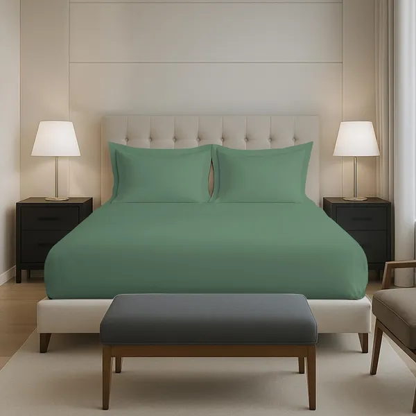 Pizuna_100%_Cotton_Solid_Hedge_Green_King_Fitted_Bedsheet