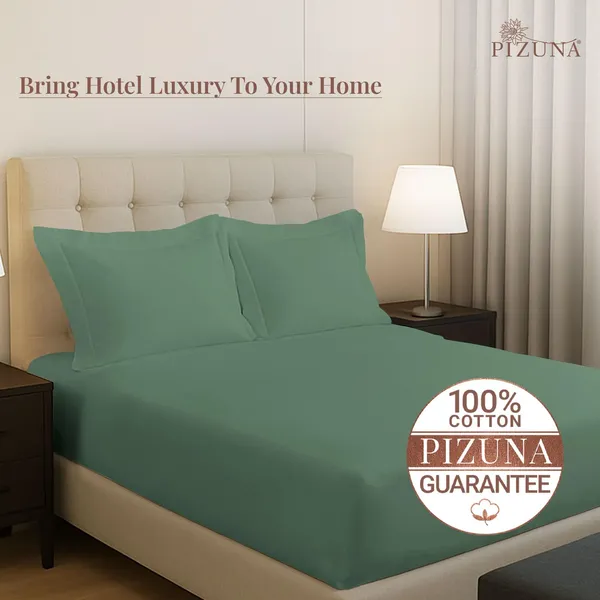 Pizuna_100%_Cotton_Solid_Hedge_Green_King_Fitted_Bedsheet