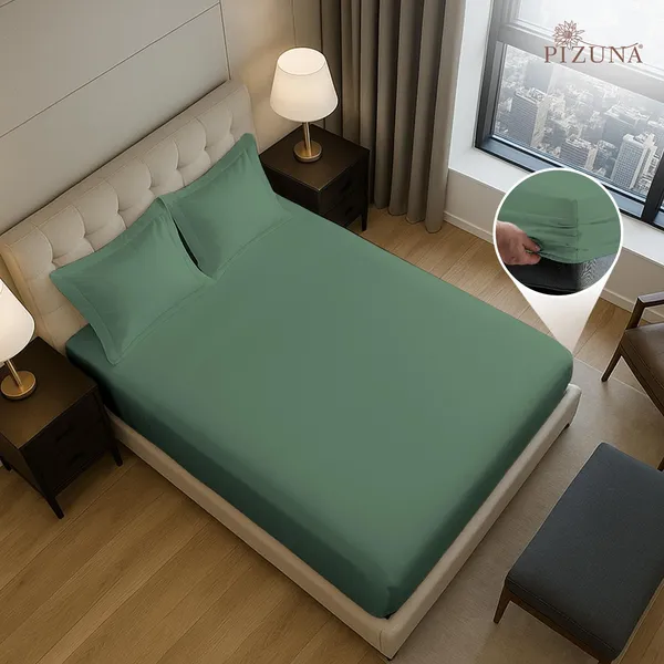 Pizuna_100%_Cotton_Solid_Hedge_Green_King_Fitted_Bedsheet