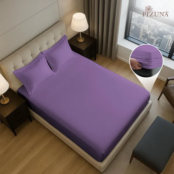 Pizuna_100%_Cotton_Solid_Purple_King_Fitted_Bedsheet