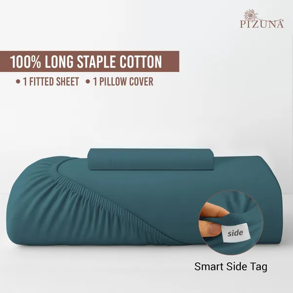 Pizuna_Cotton_Solid_Peacock_Blue_Single_Fitted_Bedsheet_With_Pillow_Cover