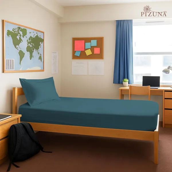 Pizuna_Cotton_Solid_Peacock_Blue_Single_Fitted_Bedsheet_With_Pillow_Cover