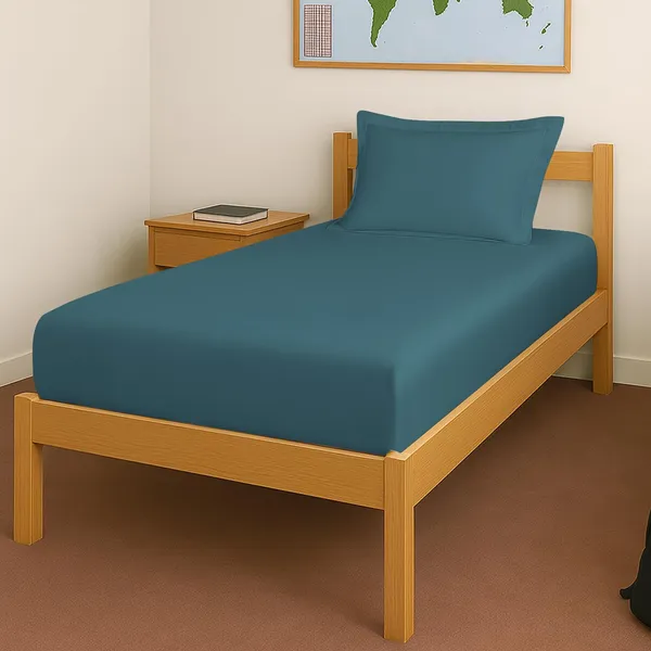Pizuna_Cotton_Solid_Peacock_Blue_Single_Fitted_Bedsheet_With_Pillow_Cover