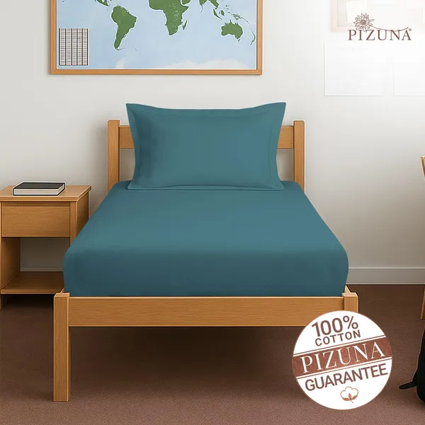 Pizuna_Cotton_Solid_Peacock_Blue_Single_Fitted_Bedsheet_With_Pillow_Cover