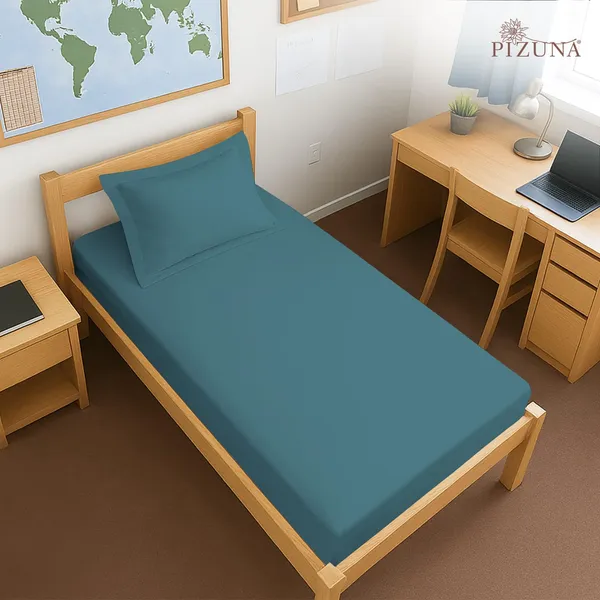 Pizuna_Cotton_Solid_Peacock_Blue_Single_Fitted_Bedsheet_With_Pillow_Cover