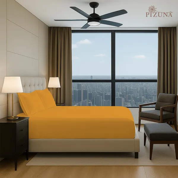 Pizuna_100%_Cotton_Solid_Honey_Gold_Queen_Fitted_Bedsheet