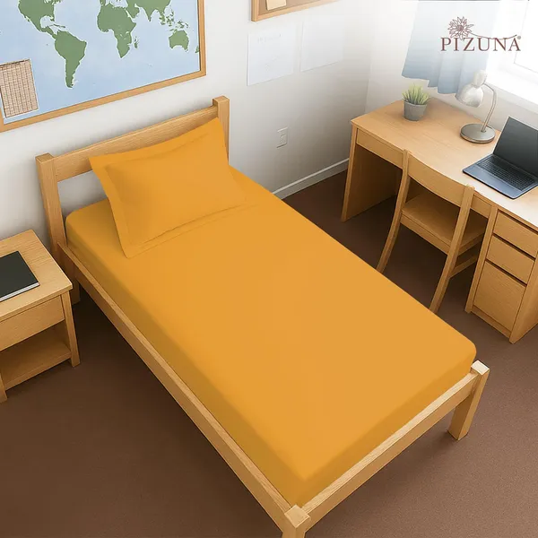Pizuna_Cotton_Solid_Honey_Gold_Single_Fitted_Bedsheet_With_Pillow_Cover