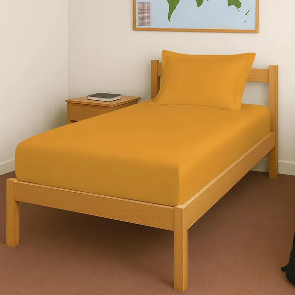 Pizuna_Cotton_Solid_Honey_Gold_Single_Fitted_Bedsheet_With_Pillow_Cover