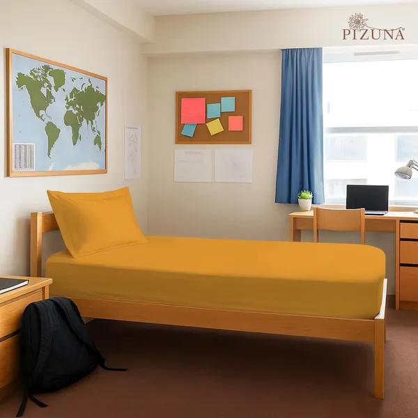 Pizuna_Cotton_Solid_Honey_Gold_Single_Fitted_Bedsheet_With_Pillow_Cover