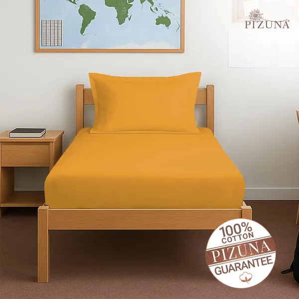 Pizuna_Cotton_Solid_Honey_Gold_Single_Fitted_Bedsheet_With_Pillow_Cover