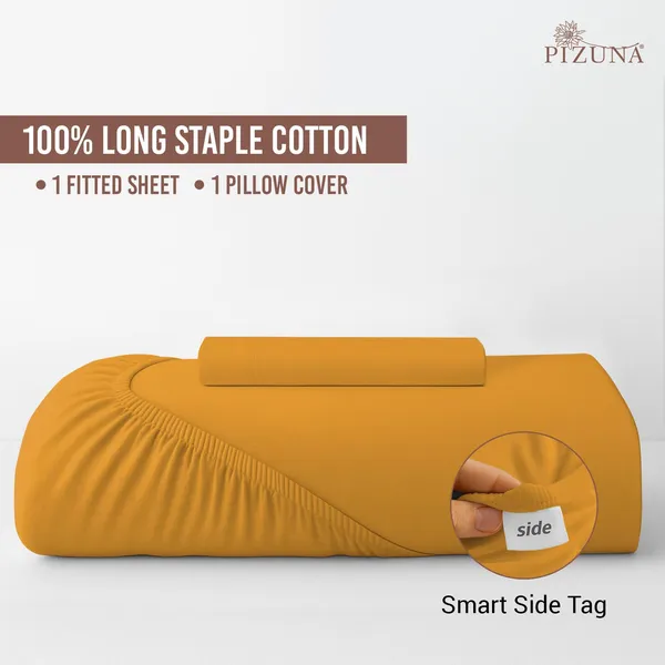 Pizuna_Cotton_Solid_Honey_Gold_Single_Fitted_Bedsheet_With_Pillow_Cover