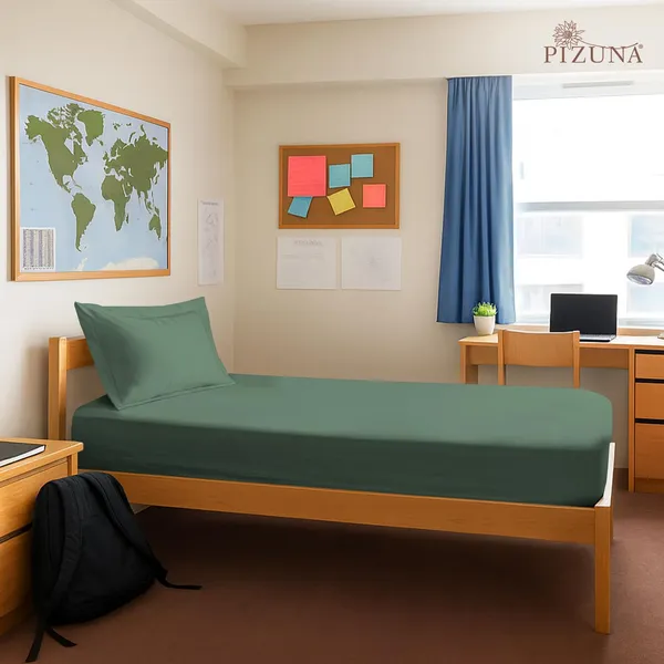 Pizuna_Cotton_Solid_Hedge_Green_Single_Fitted_Bedsheet_With_Pillow_Cover