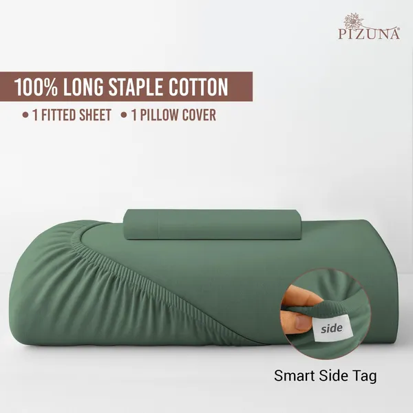 Pizuna_Cotton_Solid_Hedge_Green_Single_Fitted_Bedsheet_With_Pillow_Cover