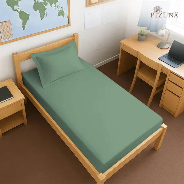 Pizuna_Cotton_Solid_Hedge_Green_Single_Fitted_Bedsheet_With_Pillow_Cover