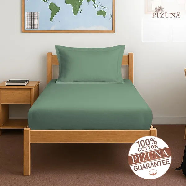 Pizuna_Cotton_Solid_Hedge_Green_Single_Fitted_Bedsheet_With_Pillow_Cover