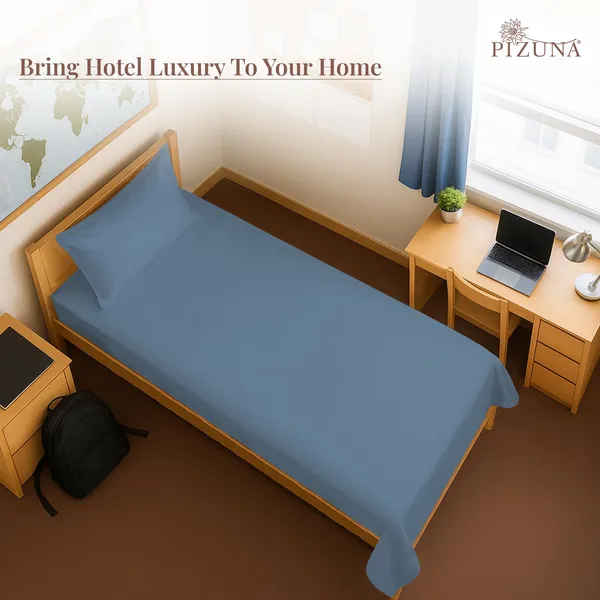 Pizuna_Cotton_Solid_Dusty_Blue_Single_Flat_Bedsheet_With_Pillow_Cover