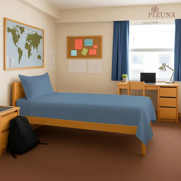 Pizuna_Cotton_Solid_Dusty_Blue_Single_Flat_Bedsheet_With_Pillow_Cover