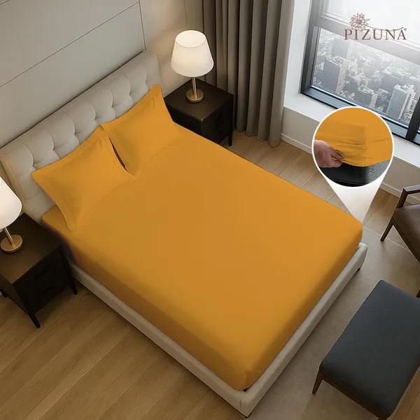Pizuna_Cotton_Solid_Honey_Gold_King_Fitted_Bedsheet