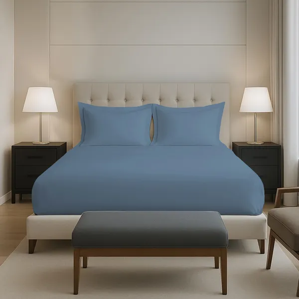 Pizuna_100%_Long_Staple_Cotton_Solid_Dusty_Blue_Queen_Fitted_Bedsheet_Set