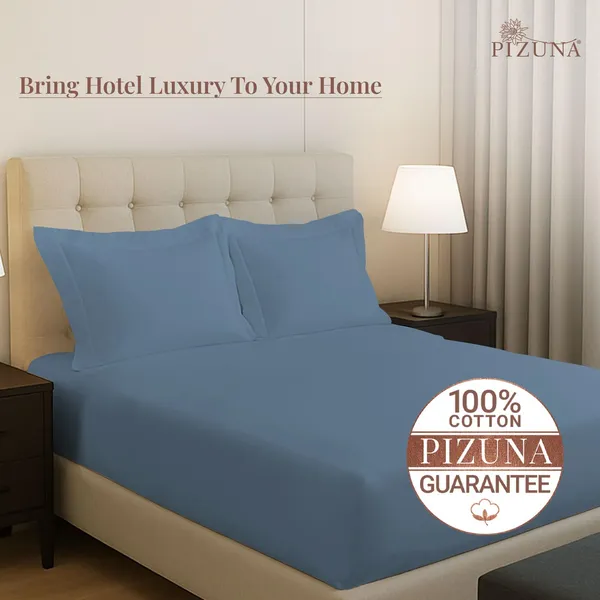 Pizuna_100%_Long_Staple_Cotton_Solid_Dusty_Blue_Queen_Fitted_Bedsheet_Set