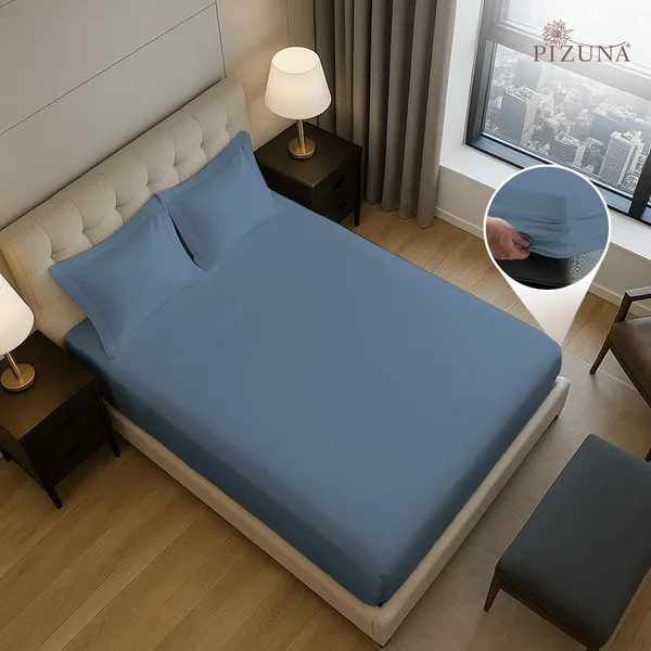 Pizuna_100%_Long_Staple_Cotton_Solid_Dusty_Blue_Queen_Fitted_Bedsheet_Set