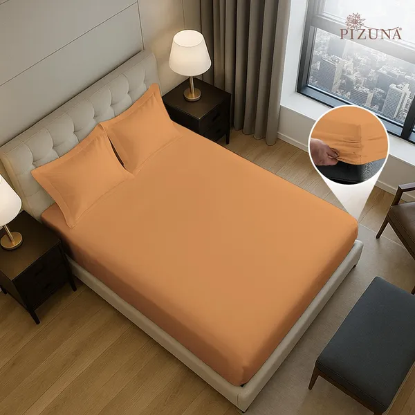 Pizuna_100%_Cotton_Solid_Apricot_Orange_Queen_Fitted_Bedsheet