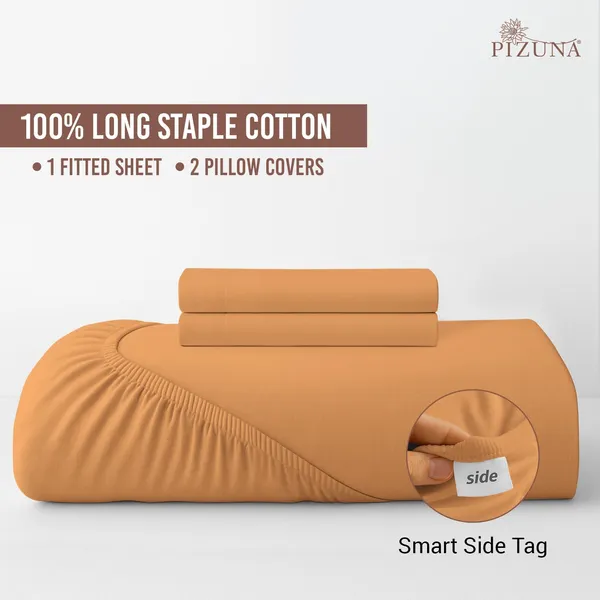 Pizuna_100%_Cotton_Solid_Apricot_Orange_Queen_Fitted_Bedsheet