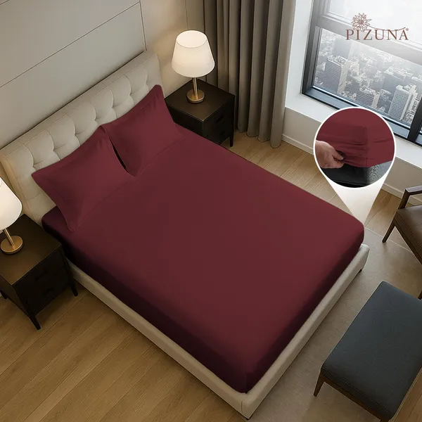 Pizuna_100%_Long_Staple_Cotton_Solid_Brick_Red_King_Fitted_Bedsheet_Set